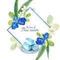 Thai sweet wreath design with pea flowers, jasmine, layered jelly illustration watercolor