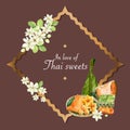 Thai sweet wreath design with steamed pumpkin, egg custard illustration watercolor