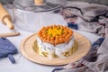 Thai tea layer cake decorated with white ribbon for birthday cake. Royalty Free Stock Photo