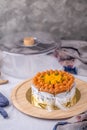 Thai tea layer cake decorated with white ribbon for birthday cake. Royalty Free Stock Photo