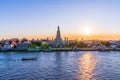 Thai Temple at Chao Phraya River Side, Sunset at Wat Arun Temple in Bangkok Thailand. Wat Arun is a Buddhist temple in Thon Buri