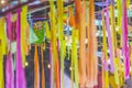 Thai temple fair with colorful decoration in blurred background. Abstract blurred focus with bokeh of night market during new year