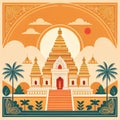 Thai temple in retro style with palm trees. Vector illustration. Royalty Free Stock Photo