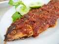 Thai Tradition Food, deep-fried fish topped with fresh herbs and