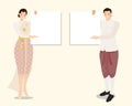 Thai traditional couple holding empty blank white board for text eps10 vectors illustration