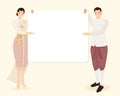 Thai traditional couple holding empty blank white board for text eps10 vectors illustration