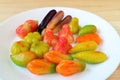 Thai Traditional Dessert Called Kanom-Look-Choup, Fruits and Vegetables Shaped Marzipan, Made from Stirred Mung Beans Royalty Free Stock Photo