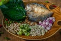 Thai Traditional Food : Fried mackerel served with fresh vegetable and herb, This food is thai food call Meuang Mackerel Maing-