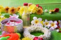 Thai traditional jasmine garland and Colorful flower in water bo Royalty Free Stock Photo