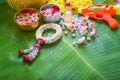 Thai traditional jasmine garland and Colorful flower in water bo Royalty Free Stock Photo