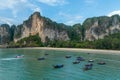 Thai traditional wooden longtail boat and beautiful sand Railay Beach in Krabi province. Ao Nang, Thailand Royalty Free Stock Photo