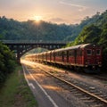 Thai Train on River Kwai Bridge of Kanchanaburi, Thailand. made with Generative AI