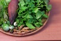 Thai vegetable, food ingredients and herbs in rattan basket