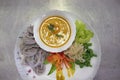 Thai vermicelli with natural herbal color. rice noodle, vegetable & curry soup