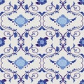 Thai vintage Porcelain flower with indigo blue tone seamless pattern