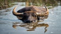 Thai water buffalo floating on water