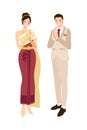 Thai wedding couple greeting in traditional light creme khaki suit and red golden dress