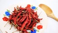 Thai Whole Dried Chili Peppers Chili Jinda Thai chili , Very Hot side dish and wood spoon