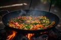 Thai Wok Recipe with Vegetables. Thai wok recipe with vegetables being cooked on an open fire, representing the delicious flavors