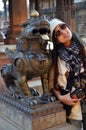 Thai woman portrait with Statue image Lion guarding Royalty Free Stock Photo