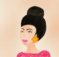 Thai woman potrait hand drawn with traditoinal hair style