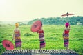 Thai Woman In Traditional Costume with umbrella thai culture st