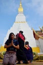 Thai woman travel visit and portrait praying Chedi and buddha st