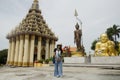 Thai women people visit and respect praying Wat Sakae Krang at Uthai Thani, Thailand