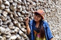 Thai women portrait with Oyster Shell wall in Wat Chedi Hoi Royalty Free Stock Photo