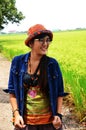 Thai Women portrait with rice or paddy field Royalty Free Stock Photo