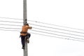 Thai worker on electric pole for install new cable isolated on w