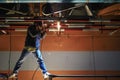 Thai worker man welding metal in construction site at night Royalty Free Stock Photo