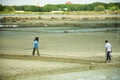 Thai worker people working and walking in salt farming at outdoor