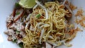 Yellow noodles with pork chopped and fish ball menu Royalty Free Stock Photo