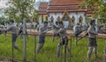 Statues of fighters of the ancient Thai martial art Muay Boran in the temple of Bang Kung Camp