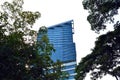 Park with a pond in Asia. Beautiful Bangkok. The building in the vegetation. A green city.