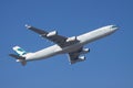 THAILAND,BANGKOK-NOV22 : Cathay Pacific airline plane flying above suvarnabhumi airport runway in bangkok on november 22,2014 in Royalty Free Stock Photo