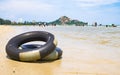 Thailand beach travle background concept - Life Ring on the beach, Life Ring on the sand at Huahin Thailand