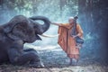Thailand Buddhist monks with elephant is traditional of religion BuddhismThailand Buddhist monks with elephant is traditional of r
