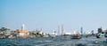 Thailand capital city Bangkok downtown skyscrapers view from the Chao Phraya river surface with many TAXI service boats and Royalty Free Stock Photo