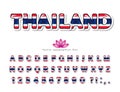 Thailand cartoon font. Thai national flag colors. Paper cutout glossy ABC letters and numbers. Bright alphabet for