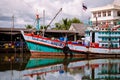 Thailand colourful wooden fishing boat at port in canal Royalty Free Stock Photo