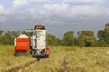 Thailand Combine harvesters working rice field