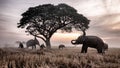 Thailand Countryside; Silhouette elephant on the background of sunset, elephant Thai in Surin Thailand