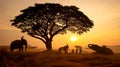 Thailand Countryside; Silhouette elephant on the background of sunset, elephant Thai in Surin Thailand