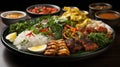 Japanese cuisine. Grilled chicken, rice and vegetables on wooden table Royalty Free Stock Photo