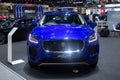 Thailand - Dec , 2018 : close up front view of Jaguar E-pace blue color luxury expensive car presented in motor expo Nonthaburi Royalty Free Stock Photo