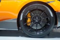 Thailand - Dec , 2018 : close up tire and brake disc of McLaren 720S super sports car presented in motor expo Nonthaburi Thailand