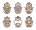 Thailand ethnic hand drawn hamsa hands. Vector ornaments