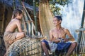 Thailand Father and son are working hand made Basket bamboo or f Royalty Free Stock Photo